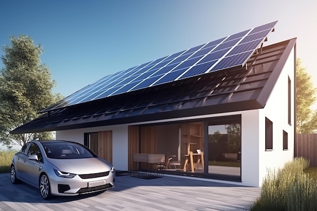 Zonnepanelen op het dak van een groot huis elektrische auto