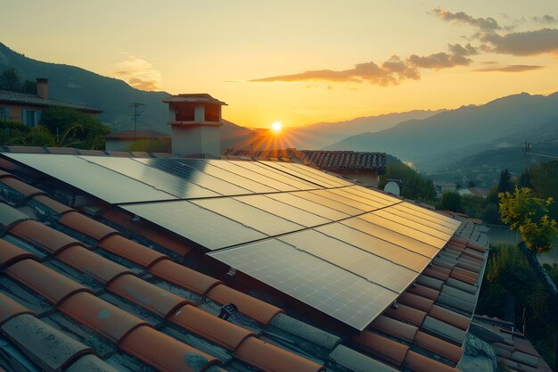 Zonnepanelen op het dak van een huis bij zonsondergang met een schilderachtig uitzicht