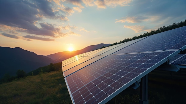 zonnepanelen op het dak van een huis met een zonsondergang op de achtergrond.