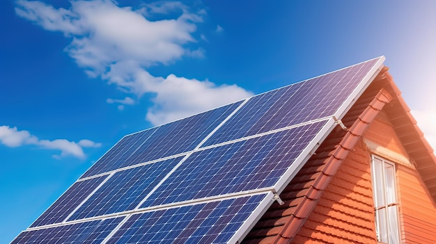 Zonnepanelen op het dak van een huis op een zonnige zomerdag Genereer AI