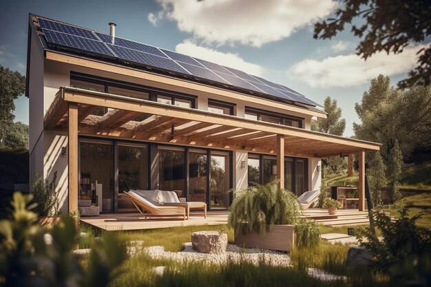 Zonnepanelen op het dak van een prachtig modern huis generatieve ai