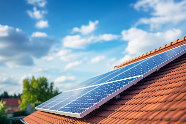 Zonnepanelen op het dak van het huis en blauwe lucht Generatieve AI