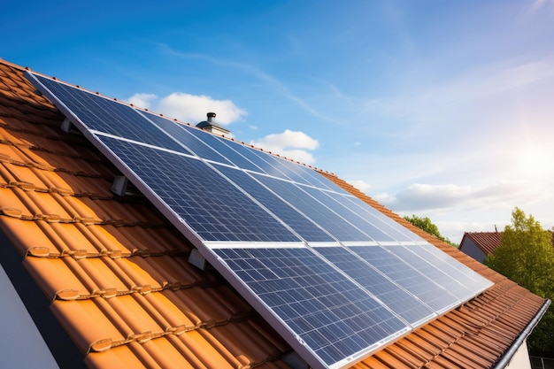 Zonnepanelen op het dak van het huis tonen het gebruik van hernieuwbare energie in het dagelijks leven door generatieve