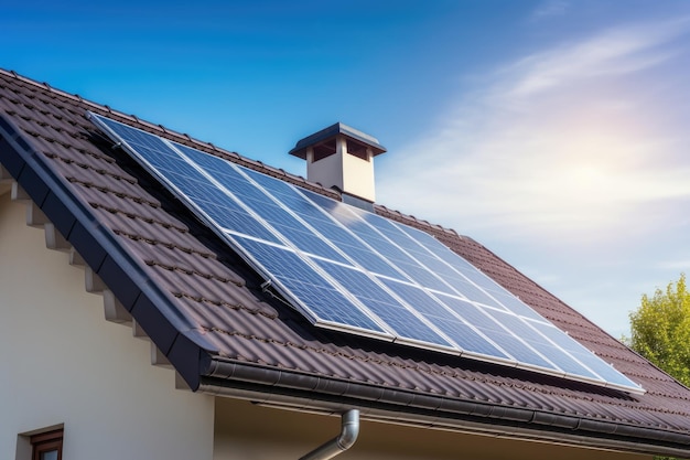 Zonnepanelen op het dak van het huis tonen het gebruik van hernieuwbare energie in het dagelijks leven door generatieve