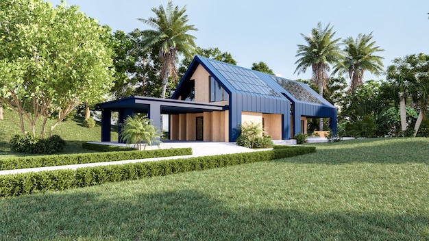 Zonnepanelen op het dak van het moderne huis, het oogsten van hernieuwbare energie met zonnepanelen, exterieurontwerp, 3D-rendering