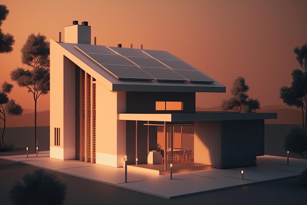 Zonnepanelen op idilic 3D-huis Natuurlijke energiebron Generatieve AI