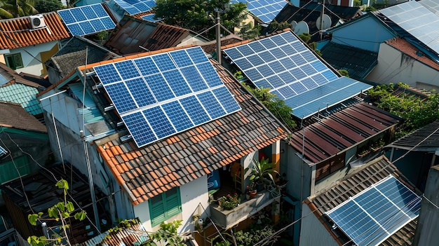 Zonnepanelen op traditionele Vietnamese daken