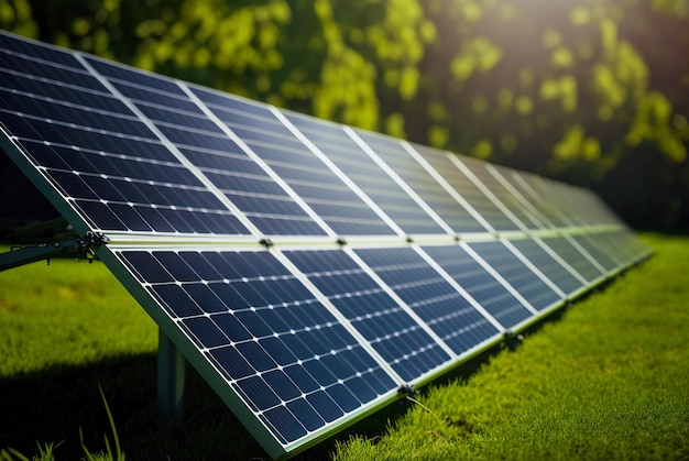 Zonnepanelen rij op een gras van groen gazon Opwekking van zonne-energie Hernieuwbare energie Generatieve AI