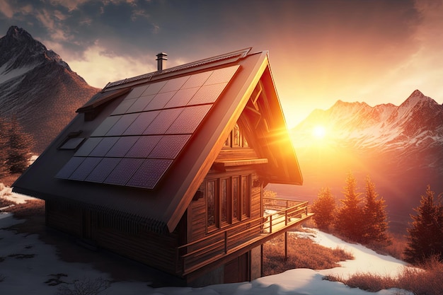 Zonnepanelen voor hernieuwbare groene energie op het dak van een modern huis bij zonsondergang Generatieve AI