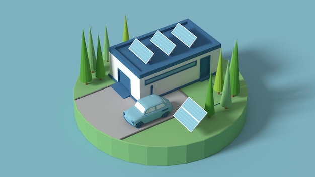 Foto zonnepanelen voor thuis- en productie-ecologie is een energiebesparend concept voor het verkrijgen van gratis energie uit de zon ecovriendelijke slimme stad 3d-rendering