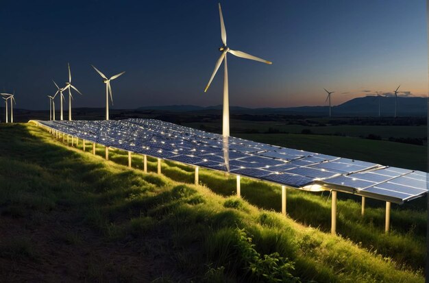 Zonnepark en windturbines in het platteland