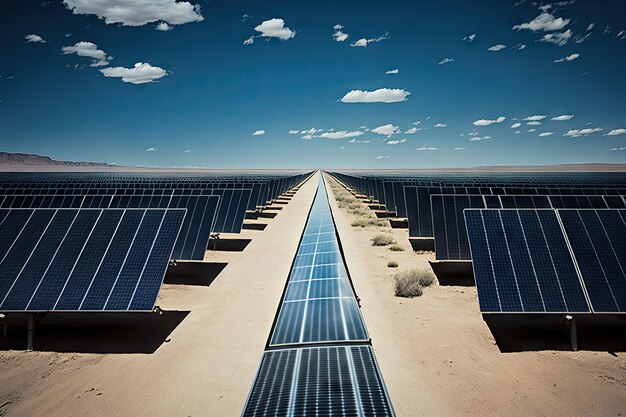 Zonnepark met rijen panelen en helderblauwe lucht op de achtergrond gemaakt met generatieve ai