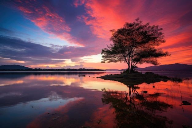 Zonnestorting op het meer met boom en reflectie in het water prachtige zonsondergang op het meer in Thailand gevangen door middel van een lange belichting schot AI gegenereerd