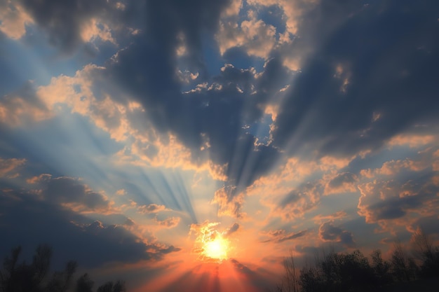 Zonnestralen die door een bewolkte hemel naar beneden komen, zonnestralen door de wolken