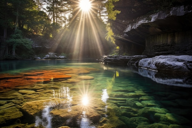 Foto zonnestralen die zich reflecteren op het wateroppervlak van een rustig natuurlijk zwembad
