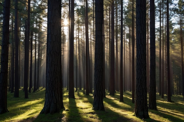 Zonnestralen door bosbomen