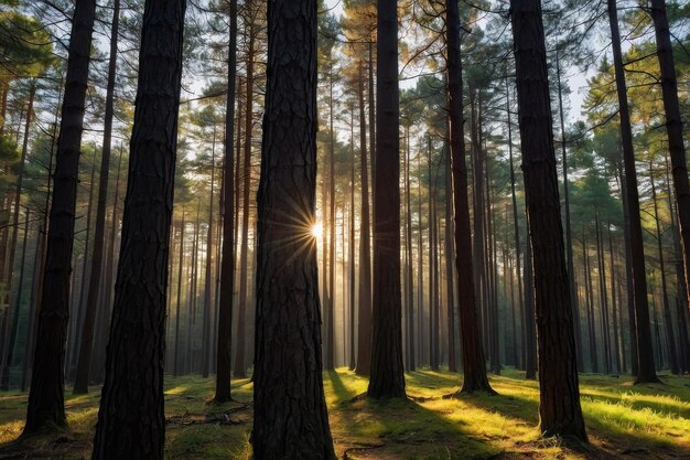 Zonnestralen door bosbomen