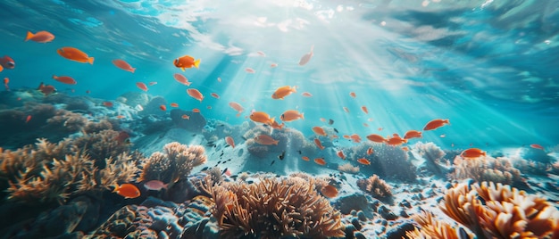 Zonnestralen doorbreken de levendige onderwaterwereld en verlichten een school tropische vissen
