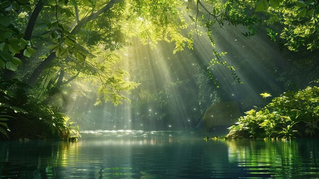 Zonnestralen filteren door het bladerdak in een mystiek bos.