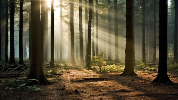 Zonnestralen in het bos Generatieve Ai