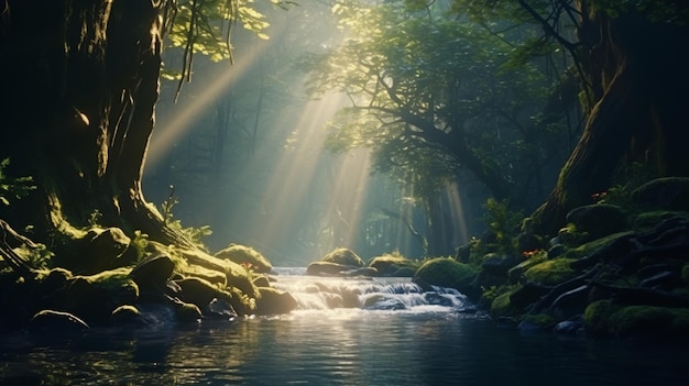 Zonnestralen in het bos.