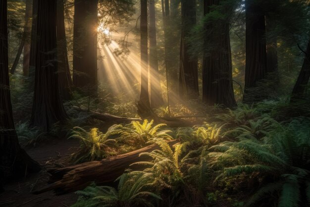 Foto zonnestralen in het groene bos generatieve ai