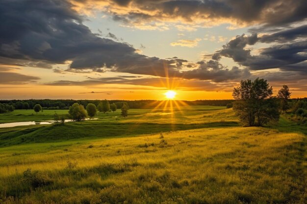 Zonnestralen op de horizon in een landelijk weidegebied