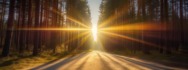 Foto zonnestralen schijnen door de bomen op een lege weg in een dennenbos.