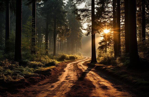 Zonnestralen stromen door het herfstbos