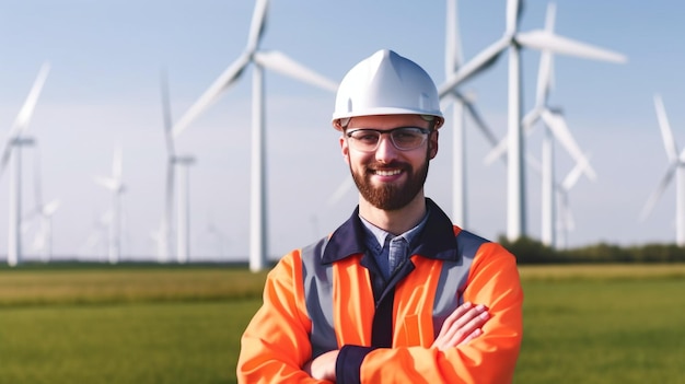 Zonnewindturbine achtergrondportret van een ingenieur die glimlacht met zijn armen over elkaar Generatieve AI