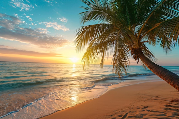 Zonnig exotisch strand aan de oceaan met palmbomen bij zonsondergang zomervakantie Generatieve AI