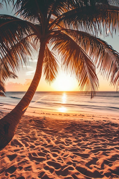 Zonnig exotisch strand aan de oceaan met palmbomen bij zonsondergang zomervakantie Generatieve AI