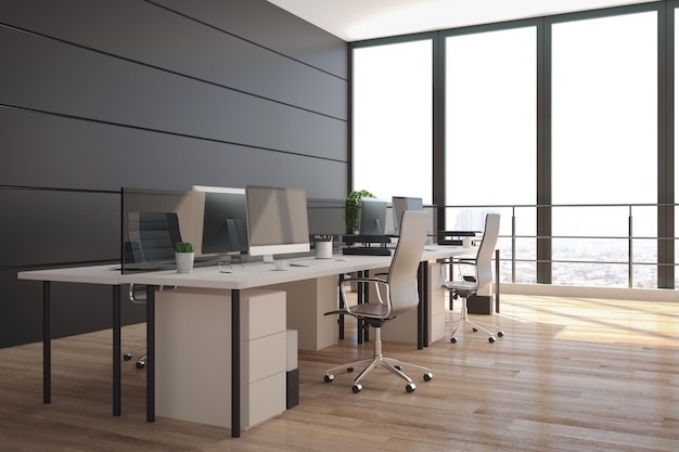 Zonnig open kantoor met moderne meubels, houten vloer en groot raam met uitzicht op de stad 3D-rendering