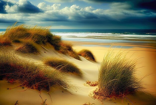 Foto zonnig strand met zandduinen droog gras en blauwe lucht op de zonsondergang generatieve ai