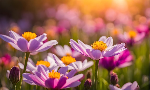 Zonnig voorjaarsveld Levendige bloemen onder de zon