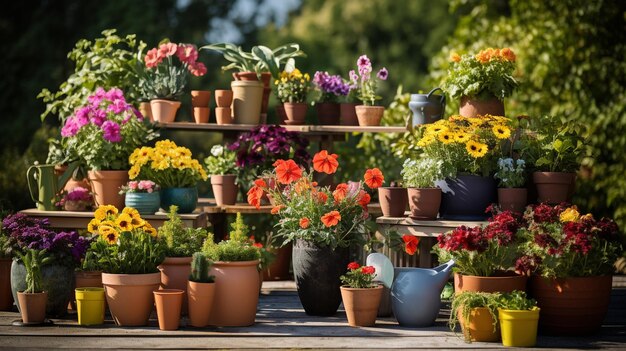 Zonnige bloementuin en tuingereedschap AI Generatieve AI