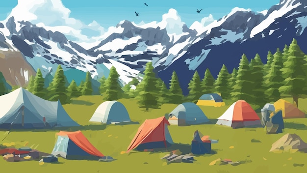 Zonnige dag landschap illustratie in vlakke stijl met tent kampvuur bergen