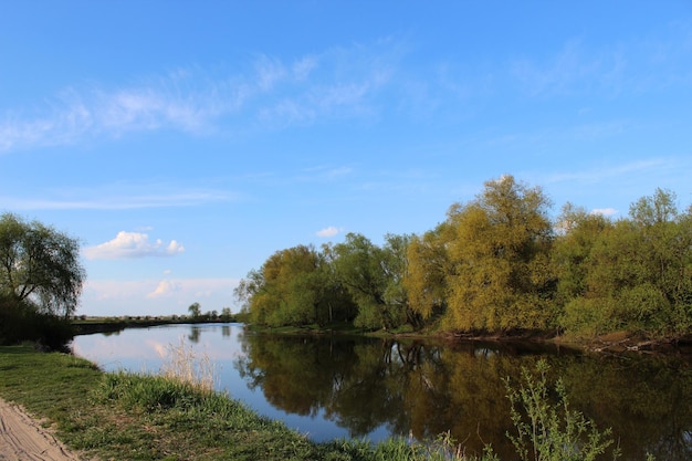 Zonnige dag op een kalme rivier in de zomer met bewolkte heldere blauwe lucht