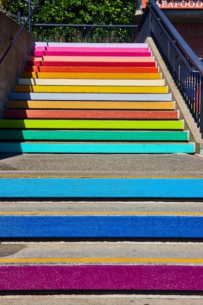 Zonnige en levendige betonnen trap met pastel en regenboogkleuren met zwarte reling