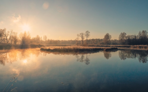 Zonnige ijzige ochtend op een mistig moeras. Zachte focus.