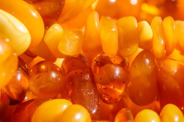 Zonnige kralen van vuur amber natuurlijke edelsteen achtergrond sieraden concept