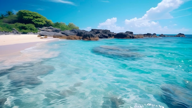 Zonnige kust met een prachtig strand en helderblauw water en kleurrijke kiezelstenen