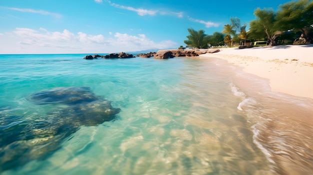 Zonnige kust met een prachtig strand, helderblauw water en fantastisch zand