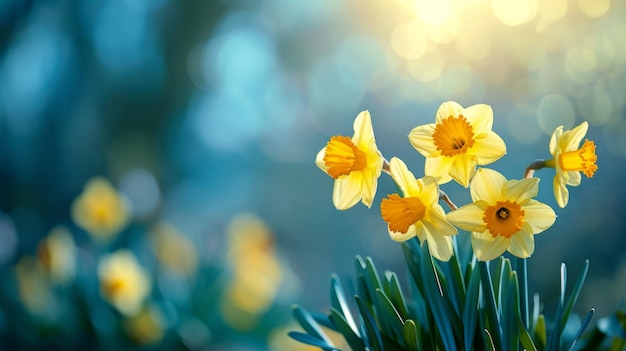 Zonnige narcissen zwaaien in een zachte bries op een stralende lente dag