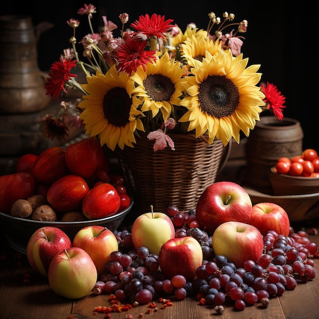 Zonnige ochtend in rustieke zonnebloemen, appels, groenten en bessen