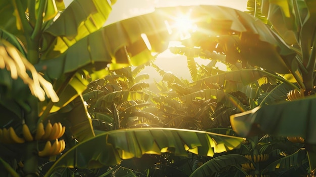 Zonnige scène met uitzicht op de bananenplantage met veel bananen heldere rijke kleur