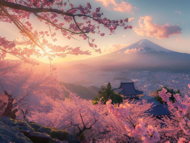 Zonnige scène met uitzicht op de sakura-plantage met veel bloemen Fuji-vulkaan op de achtergrond