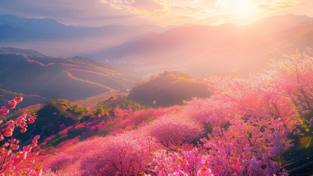 Zonnige scène met uitzicht op de sakura-plantage met veel bloemen op de berg Fudzi