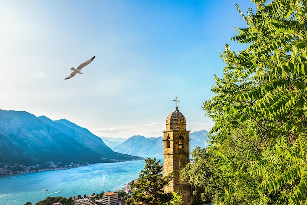 Zonnige schemering over de baai van Kotor en de beroemde kerk, Montenegro