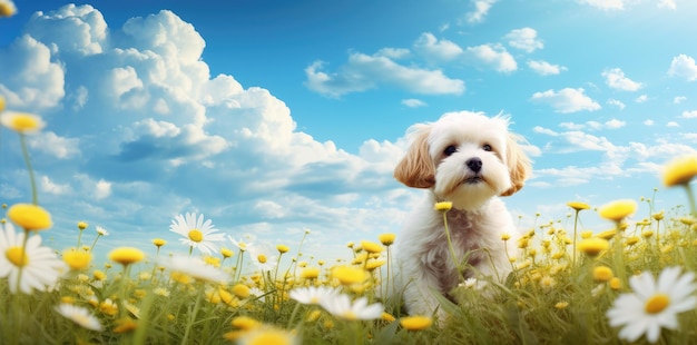 Zonnige weide van witte madeliefjes onder een majestueuze wolkenvolle hemel Generatieve AI